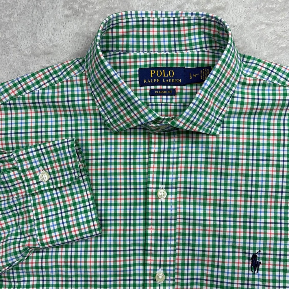 Polo Ralph Lauren Poplin Shirt Men Large Green Multi Gingham Classic Fit Stretch